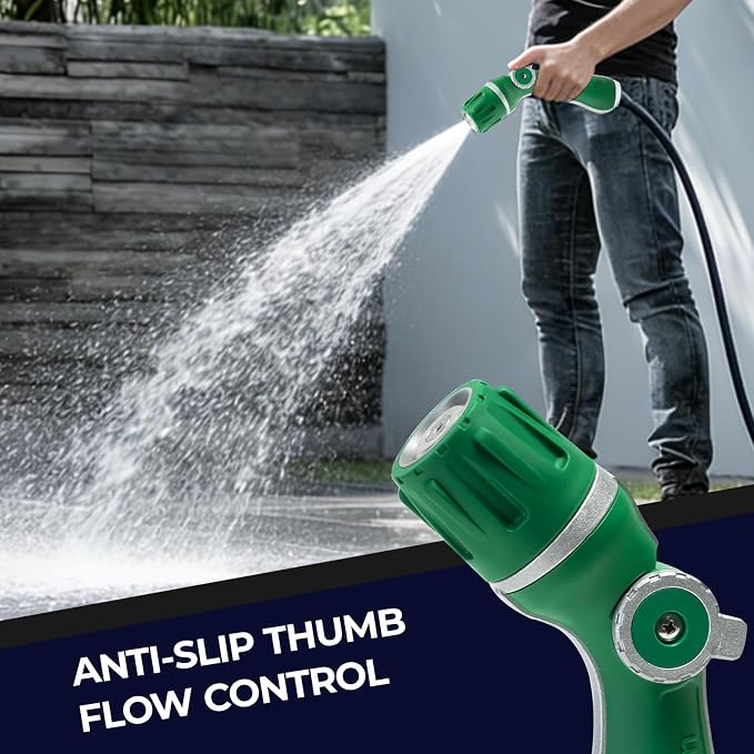 HugeDawn Garden Hose Nozzle, Heavy Duty High Pressure Metal Hose Spray Nozzle with 30% Greater Water High Flow, 3 Spray Patterns, Non-Slip Thumb Control for Quick Watering & Cleaning (Green)