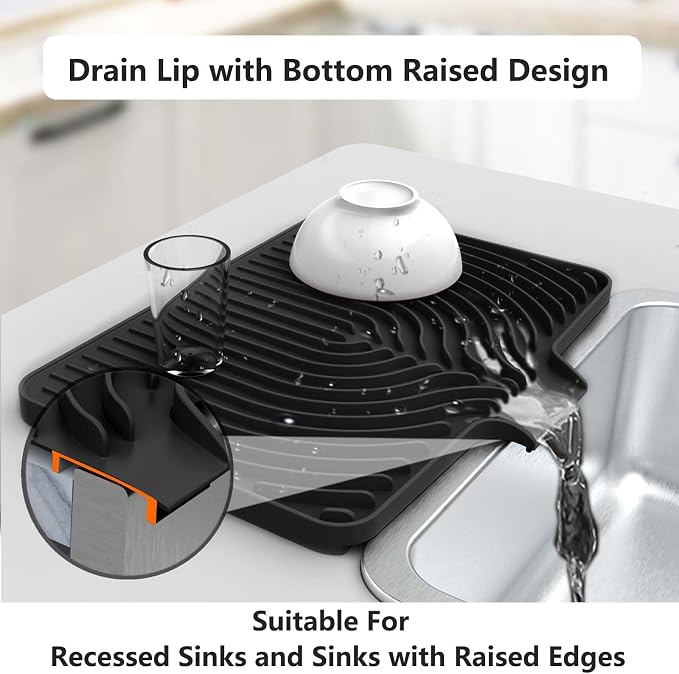 Dish Drying Mat for Kitchen Counter, with Built-in Drain Lip, Food-Grade Silicone, Easy Clean Pad for Countertop Protection, Multi-Functional Use (18 x12 Raised Sink, Black)