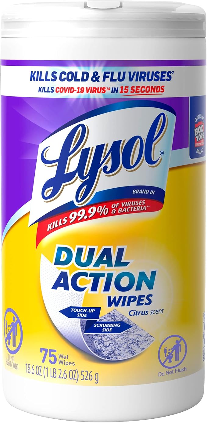 Lysol Dual Action Disinfectant Wipes, Multi-Surface Antibacterial Scrubbing Wipes, For Disinfecting and Cleaning, Citrus Scent, 75ct