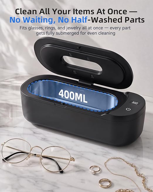 KUNPHY Ultrasonic Jewelry Cleaner, 400ml Sonic Cleaner for Rings, Glasses | 4 LED Light & Display, 48kHz Ultrasonic Cleaner, 400ml 304 Tank, Quiet 45dB, Dual 5/10min Timers, Overheat Protection, Black