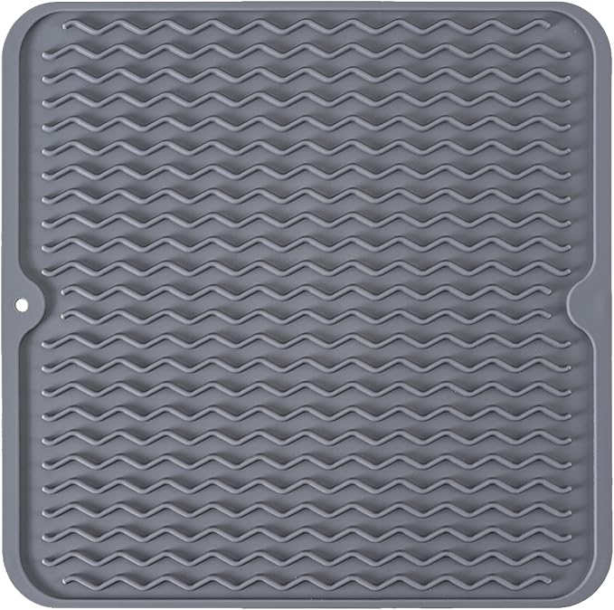 Silicone Dish Drying Mat, Non-Slip Easy Clean Sink Mat Large Heat-resistant Dish Drainer Mat for Kitchen Counter, Sink, Refrigerator or Drawer liner (12" x 12", GREY)