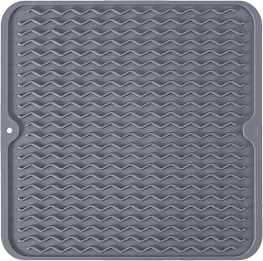 Silicone Dish Drying Mat, Non-Slip Easy Clean Sink Mat Large Heat-resistant Dish Drainer Mat for Kitchen Counter, Sink, Refrigerator or Drawer liner (12" x 12", GREY)