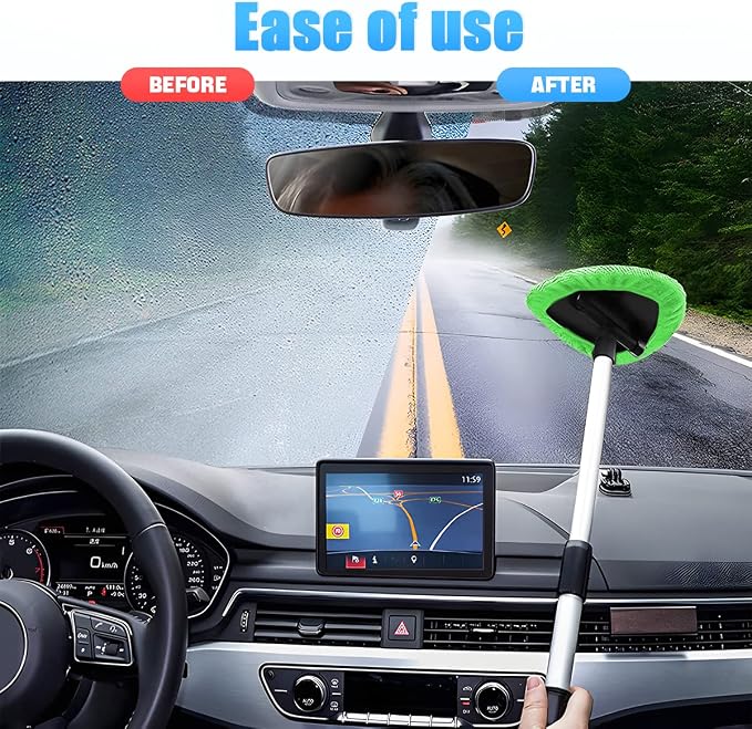 Extendable Car Windshield Cleaning Tool with Microfiber Pads, Green | reusable glass-wiper design, interior and exterior window use, fits most cars, SUVs, and trucks, automotive cleaning tools