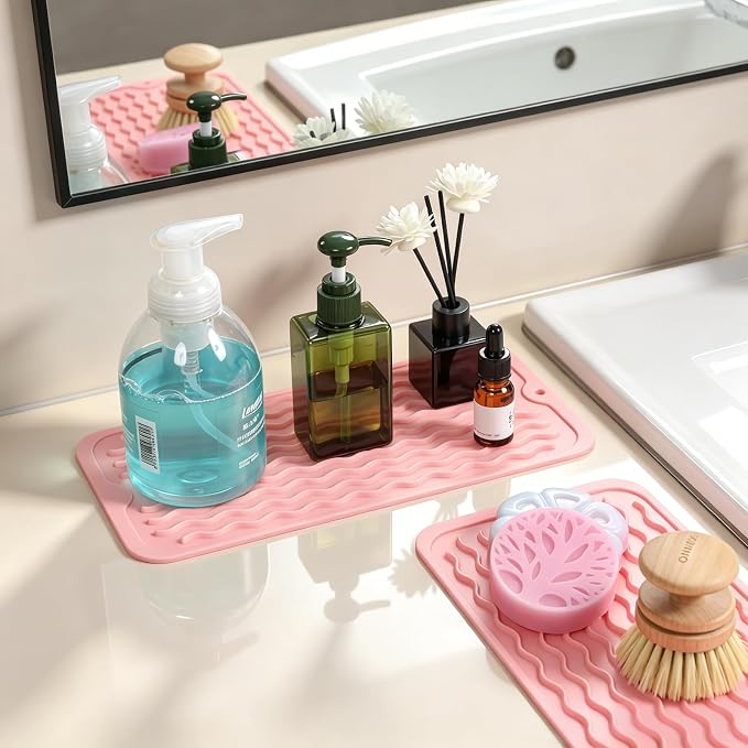 2 Pack Caketime Silicone Dish Drying Mat for Kitchen Counter Under Sink Storage Near Bathroom Faucet Heat Resistant Pad for Stove Top Placemats Soap Holder Stone Dryer Organizer 12"x6" Pink