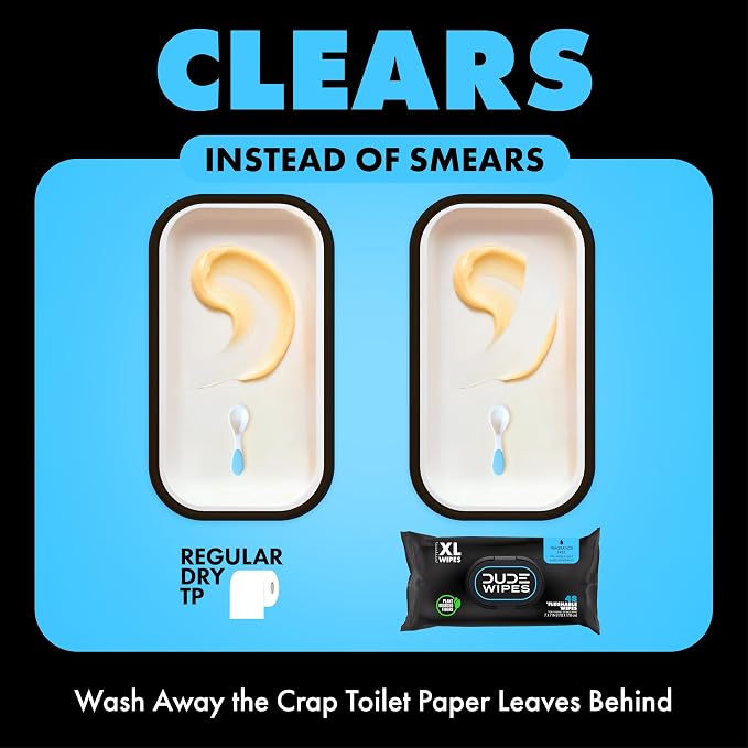 DUDE Wipes - Flushable Wipes, Unscented - Extra-Large - Vitamin-E & Aloe - Septic and Sewer Safe,48 Count (Pack of 12)