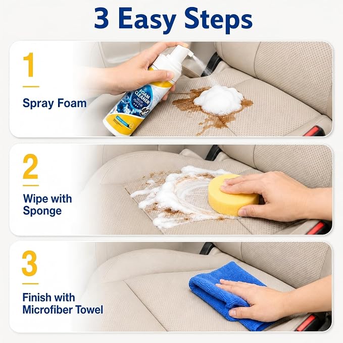 2026 Upgrade Car Interior Foam Cleaner, 150ML Multi-Enzyme No Rinse Car Seat Cleaner Spray for Leather, Dashboard, Vinyl, Plastic & Fabric, with Sponge & Microfiber Towel (1PCS)