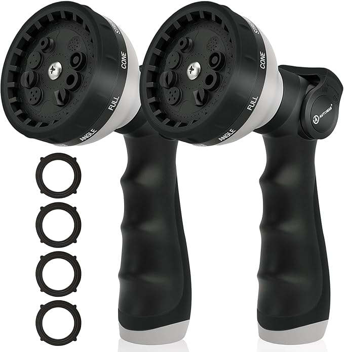 AUTOMAN Garden Hose Nozzle Sprayer - 10 Spray Patterns, 2 Pack Thumb Control Water Hose Nozzle Outdoor, Heavy Duty Spray Nozzles for Watering Garden, Cleaning Window, Washing Car, Showering Pets