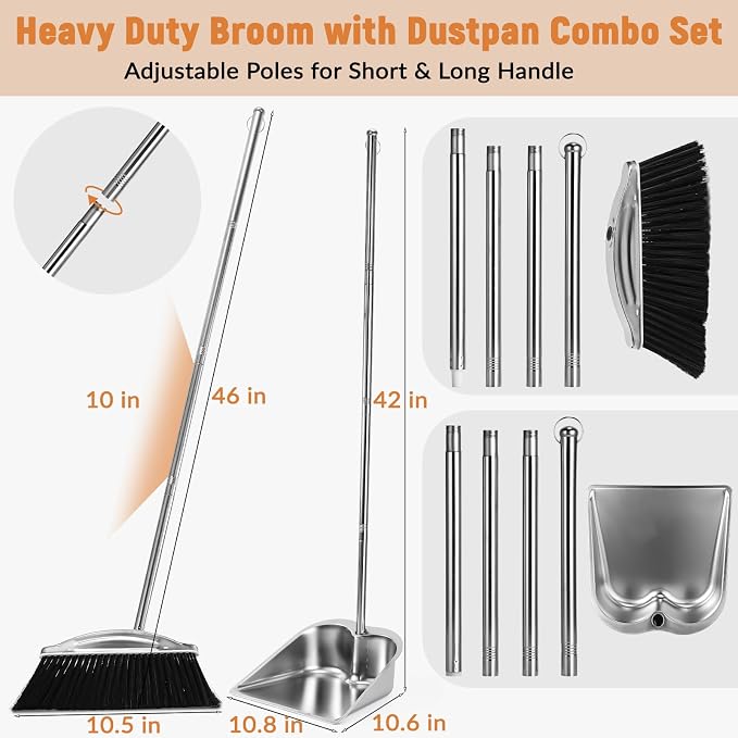 VOOWO Broom with Dustpan Combo Set, 46" Stainless Steel Broom and Dustpan Set for Home, Heavy Duty Dust Pan with Long Handle, Broom for Sweeping Indoor and Outdoor, Kitchen Broom and Dust Pan (Black)