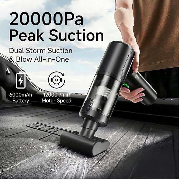 Handheld Car Vacuum Portable Cordless Interior Cleaner, 20000Pa Ultra-Strong Suction & Air Duster, Brushless Motor & HEPA Filter, 100W High Power Mini Vacuum Cleaning Kit for Home, Office, Pet Hair
