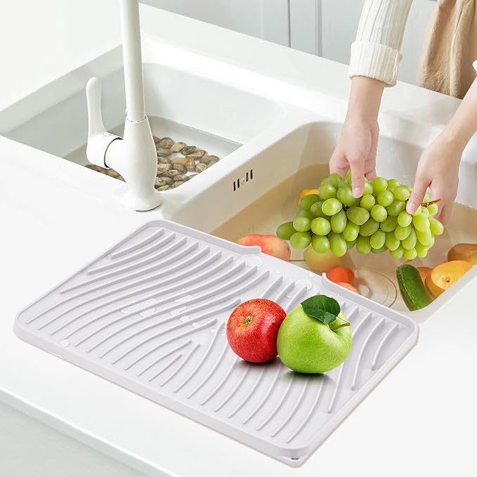 TIKNIK Silicone Dish Drying Mat for Kitchen Counter - Heat Resistant & Non-Slip Dish Drain Pad with Built-In Drain, Dishwasher Safe, Quick-Dry, Hangable & Roll-Up for Storage, White-1pcs, 20" x 15"