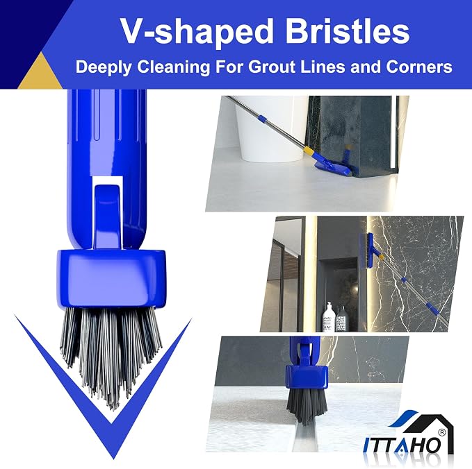 12" Wide Floor Scrub and Grout Brush Set With Long Extendable Handle - Stiff Bristle Heavy Duty Cleaner for Tile, Deck, Garage, Kitchen, Bathroom