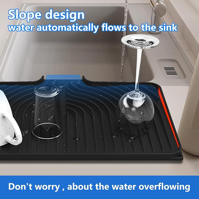 Dish Drying Mat for sink with a bulged edge,18"×12"Silicone Self-Draining | Various sizes and colors,Self-Draining Slope Structure,Enabling faster drying,Heat-Resistant,Easy to clean,Food-grade