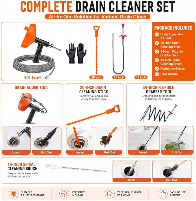 33 Feet Drain Snake Auger, Plumbing Snake Drain Hair Clog Removal Tool, Sink Unclogger Drain, Heavy Duty Drum Auger, Cleaner Tool for Bathroom Kitchen Tub Shower Drain Clog Remover with Gloves，Orange