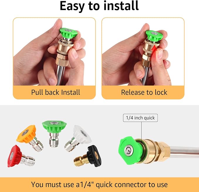 Pressure Washer Nozzle Tips 4500 PSI, Multiple Degrees,3.0GPM, 5Pcs | Pressure Washer Spray Nozzle Tips, 1/4 In Quick Connect, 0° 15° 25° 40° Soap Tip for Cleaning Car, Garden Road, Watering
