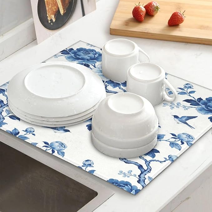 Chinoiserie Dish Drying Mat, for Kitchen Counter Microfiber Absorbent, Blue and White Dish Draining Mat Extra Large 18"x24"