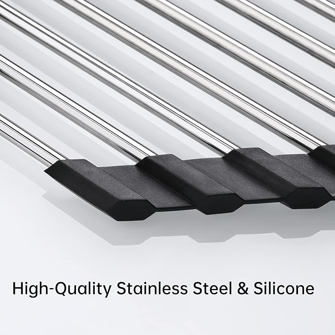 Tomorotec Foldable Stainless Steel Triangle Roll-Up Dish Drying Rack for Small Sink Corners - Over-The-Sink Multipurpose Kitchen Drainer, Rustproof Organizer, Trivet and Shelf - Space-Saving (Black)