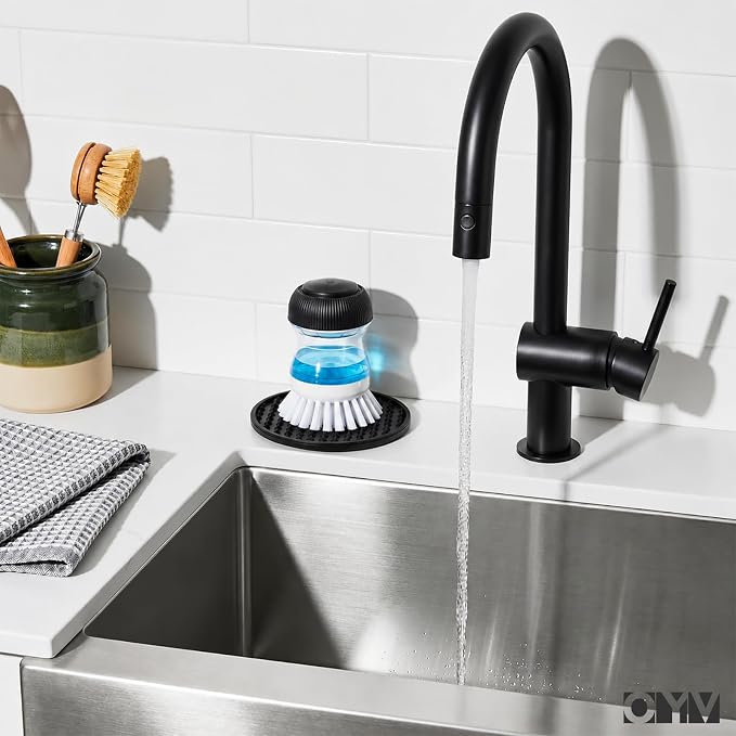 OYV Soap Dispensing Palm Brush, Dish Brush Set with Silicone Drip Tray and One Refill, Kitchen Dish Scrub Brush for Cleaning Pots, Pans, Sinks