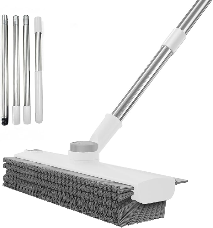 Floor Scrub Brush with Long Handle 3 in 1 Heavy Duty Stiff Bristle Scrubber Brush with Scraper V-Shaped Double-Sided Cleaning Brushes for Pool Tile, Grout,Crevices,Shower,Bathroom,Wall,Patio (White)