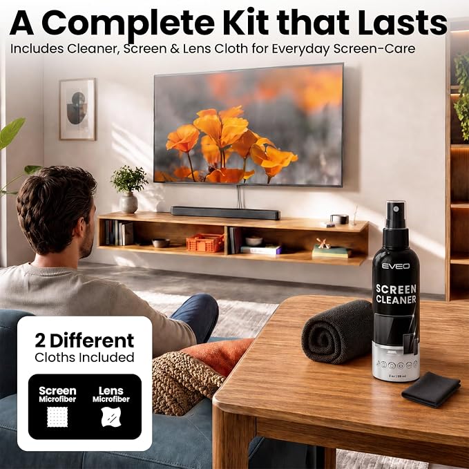 Screen Cleaner Spray and Wipe - TV screen cleaner spray and 2 Microfiber cloths, Computer Screen Cleaner, TV screen cleaner for Smart TV & Monitor, Laptop, MacBook, iPad and Electronic Devices - (2oz)