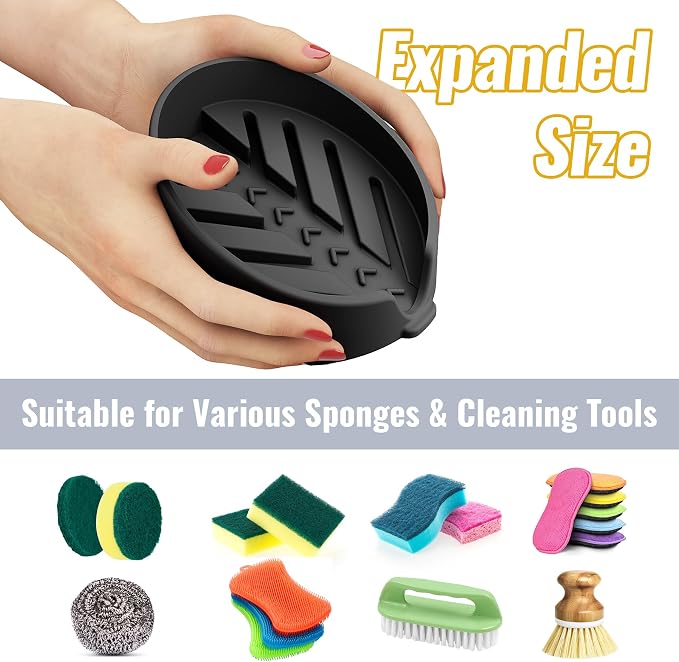 NiHome Silicone Sponge Holder Compatible with Scrub Daddy Mommy Sponges for Kitchen & Bathroom, Auto Draining Organizer, Holds Multiple Sponges & Cleaning Tools, Food-Grade, Dishwasher Safe (Black)