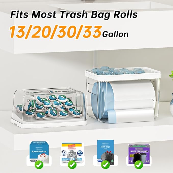 2-in-1 Trash Bag Holder Laundry & Dishwasher Pods Container,Garbage Bag Dispenser with Removable Lids,Kitchen Organizer and Under Sink Storage Box