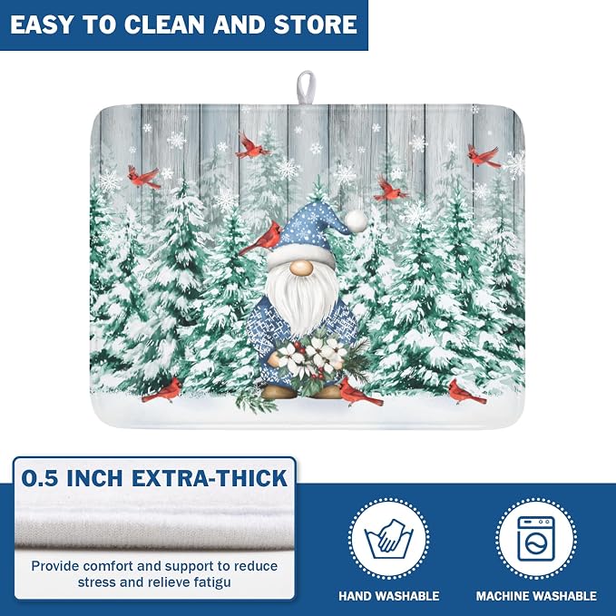 Giwawa Winter Gnome Dish Drying Mat Pine Tree Dishes Pad 18"x24" Microfiber Absorbent Fast Dry Drainer Rack Mats Protector for Kitchen Countertop