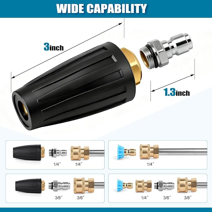 FIDISP Pressure Washer Tips Turbo Nozzle 4000 PSI, Rotating Pressure Washer Nozzle Tips with 1/4" & 3/8" Quick Connect, 7 Power Washer Tips for Concrete, Driveway, Brick Cleaning, 4.0 GPM