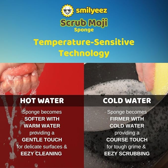 The Original Scrub Moji Scrubbing Sponge by Smilyeez (Set of 3) - Orange- Temperature-Responsive Polymer Foam, Stain and Odor Resistant, Ideal for Kitchen and Bathroom Cleaning