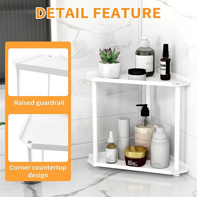 Jesginboo 2 Tier Bathroom Counter Organizer, Vanity Organizer Corner Shelf | Skincare, Makeup Countertop Organizers, Kitchen, Bathroom Counter Storage, White