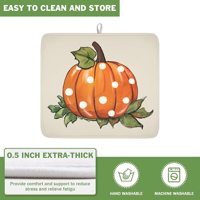 Fall Pumpkin Dish Drying Mat for Kitchen Counter 16 x 18 Inch Autumn Green Leaf Dish Drainer Mat Absorbent Microfiber Thanksgiving Harvest Dish Rack Pad for Coffee Dining Bar Decor
