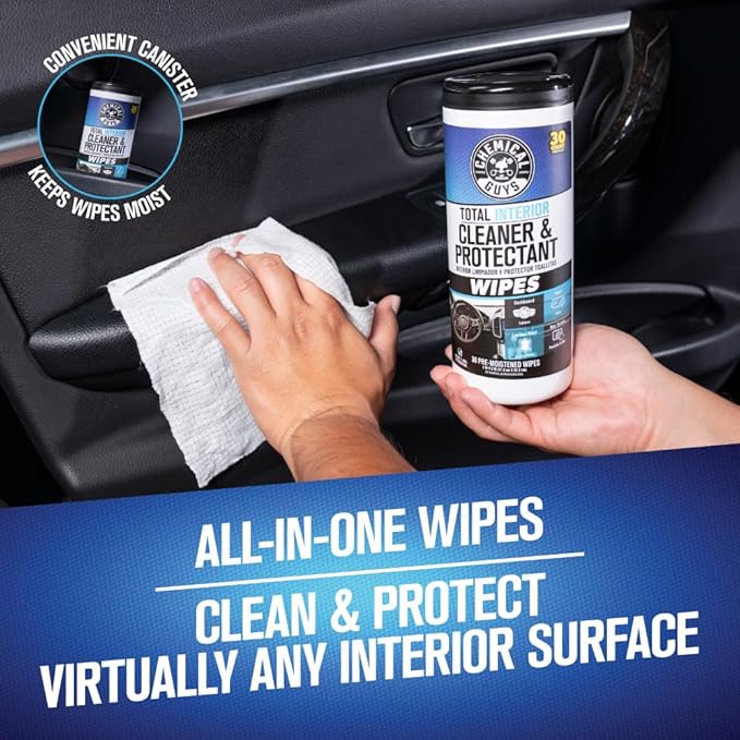 Chemical Guys, VRP & Total Interior Cleaner Canister Wipes, Multi, 60 Count | Pre-moistened wipes clean and dress dashboards, vinyl, plastic and trim on the go, sixty per canister