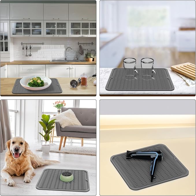 ZLR 2 Pcs Heavy-Duty Silicone Dish Drying Mat (16" x 18" / 401x455mm) - XL Family-Size Thick 5mm Drainboard for Pots, Pans & Heavy Cookware - Oversized Trivet & Counter Protector, Non-Slip (Dark Gray)