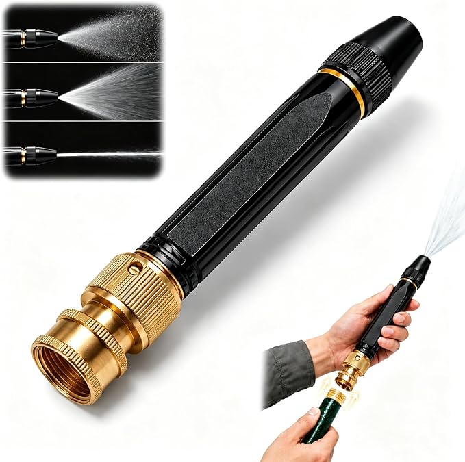 High Pressure Hose Nozzle for Garden Hose, 3/4 in GHT Twist Sprayer | Gaoyashuiqiang Nozzle, direct-fit 3/4" GHT connector, 3 spray modes, leak-resistant brass build for car, patio, yard cleaning