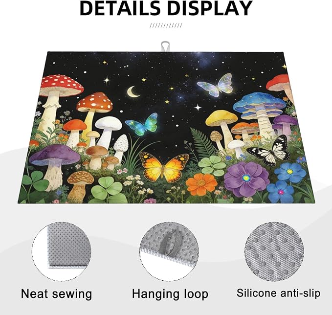 Mushroom Dish Drying Mat, for Kitchen Counter Microfiber Absorbent, Aesthetics Dish Draining Mat Extra Large 18"x24"