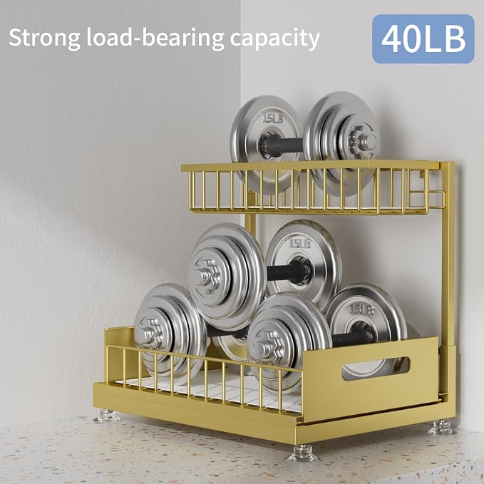 Saydear L-Shaped Under Sink Organizer, 2-Tier Pull-out Cabinet Rack 1-Pack | Gold Height-Adjustable Steel Rack, Sliding Grid Drawers with PP Liners, Holds 100 Lbs, Suction Base, Ideal Kitchen Storage