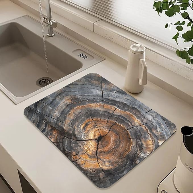 Dish Drying Mat for Kitchen Counter Wood Grain Black Absorbent Coffee Bar Mat Diatom Ooze Dish Drying Pad for Countertop Tabletop Decoration 15.7" X 11.8"