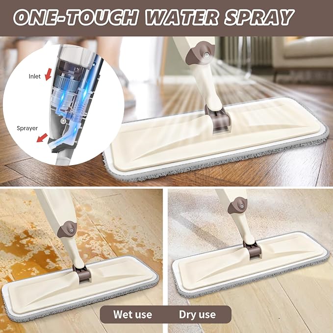 HOMTOYOU Wet Mop for Floor Cleaning: Spray Mop for Multi-Surface Floors | Wet Dry Use, 4 Pcs Microfiber Washable Pads, 400+ML Refillable Bottle, 360° Swivel Head, Beige
