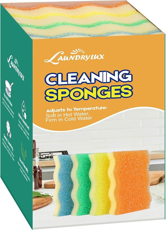 LAUNDRYLUX Scrub Sponge, 4 Pack Dual-Sided Temperature-Responsive Scrubber - Non-Scratch - Multipurpose Dish Sponges for Kitchens, Bathrooms, and Outdoor Use - Wave-Shaped