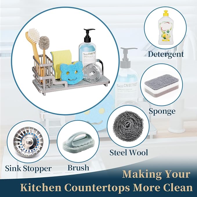 Consumest Sponge Holder for Kitchen Sink - Sink Caddy Organizer with Water Absorbing Stone Tray, Detachable Brush Holder, Stainless Steel Kitchen Counter Organizer Rack, Sand Nickel