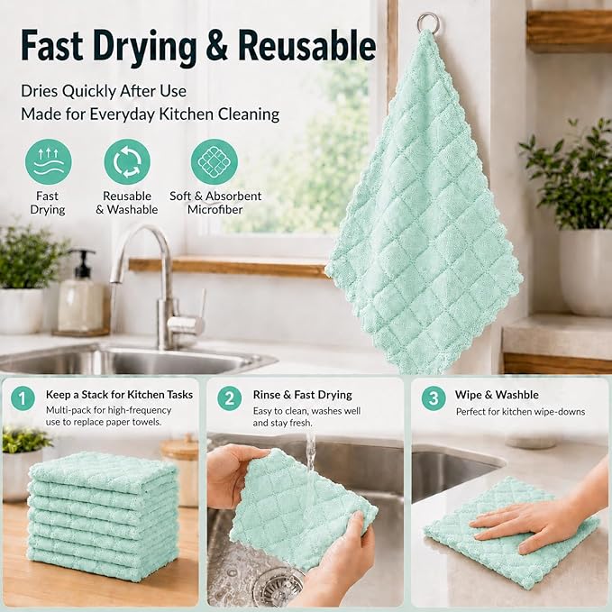 kimteny 12 Pack Dish Cloths for Washing Dishes, Super Absorbent Microfiber Kitchen Dish Rags, Fast Drying Coral Velvet Dish Cloths for Kitchen Counter and Dishes (Green-Grey)