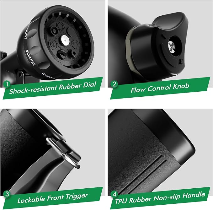 RESTMO Garden Hose Nozzle, Heavy Duty Water Hose Nozzle with 7 Adjustable Spray Patterns, High Pressure Hand Sprayer with Flow Control, for Watering Plants & Lawns, Washing Cars & Pets, Flash Black