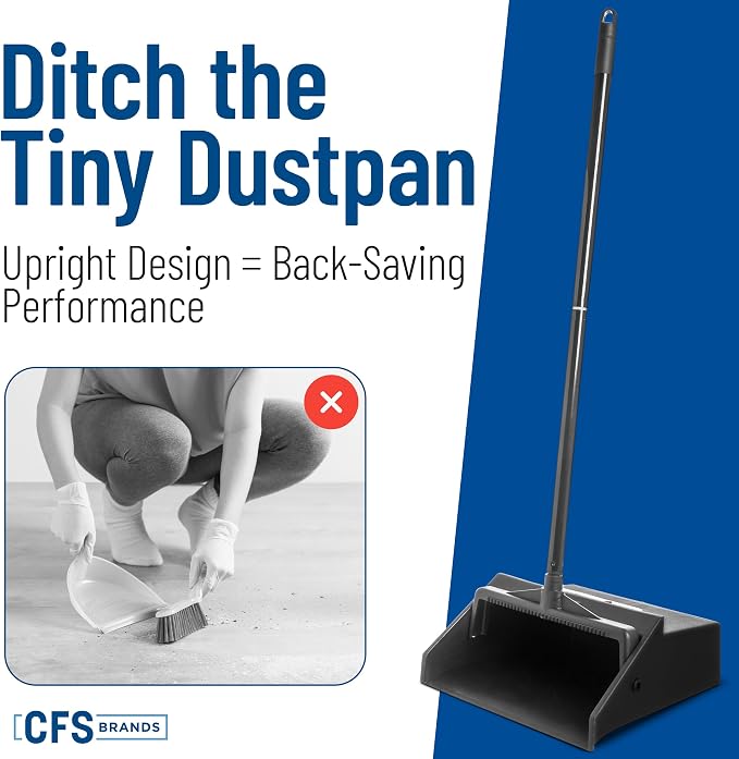 Carlisle FoodService Products Standing Dustpan – Dust Pan with Handle, Serrated Edge, Pivoting Pan Design, for Home, Kitchen, Lobby, or Office, 30 Inch Plastic, Black