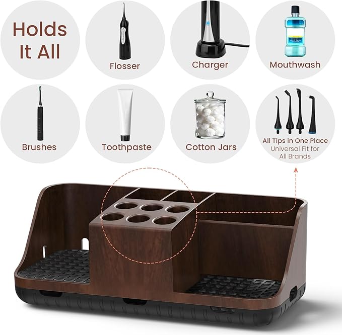 Boperzi Bathroom Counter Organizer for Vanity & Sink Storage: Detachable Electric Toothbrush and Toothpaste Holder, Water Flosser Holder, Bathroom Decor and Accessories Organization Set(Walnut Black)