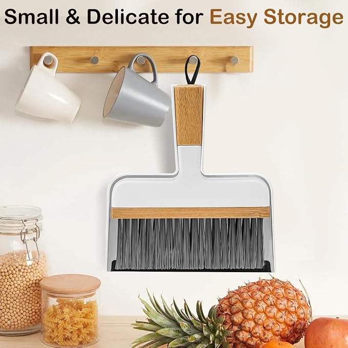 ThinkLearn Mini Dustpan and Brush Set, Bamboo Handle with Rubber Lip | Small Handheld Cleaning Set for Tight Spaces, Small Broom Dustpan for Home Car Camping