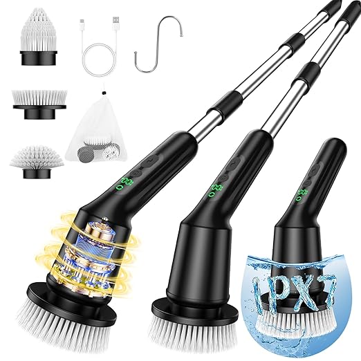 Electric Spin Scrubber for Cleaning Bathroom, Shower Scrubber with IPX7 Waterproof & 2 Speed, 3 Brush Heads, Abrasive Flat End Brushes, Bathroom Cleaning Supplies for Toilet Shower Tub Sooty
