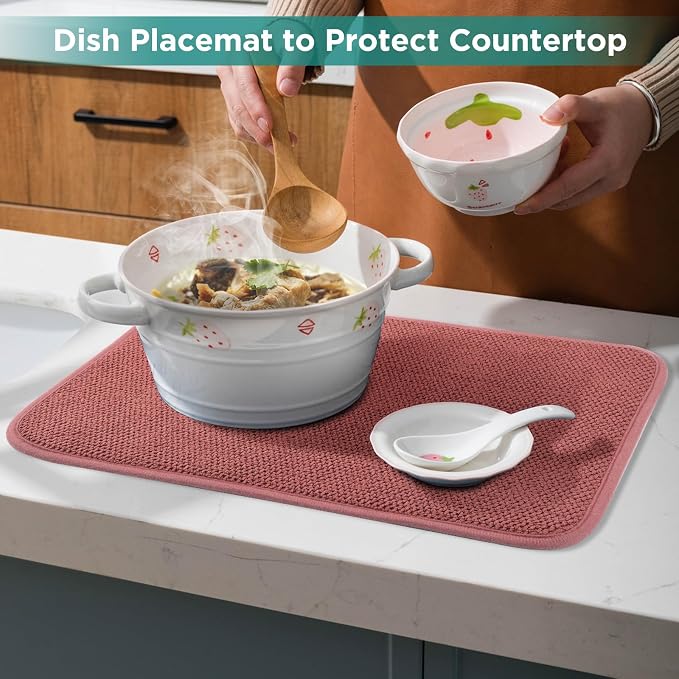 GeeRic Microfiber Dish Drying Mat, Super Absorbent Kitchen Dish Drying Pad, Reversible for Countertop, 15*20 inch Red