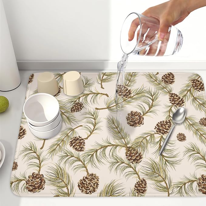 Winter Pine Cone Dish Drying Mat for Kitchen Counter Christmas Pinecone Pine Tree Branches Dish Drainer Mat Xmas Holiday Rustic Absorbent Washable Drying Pad 18"x24"