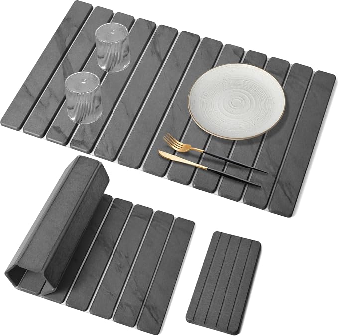 2 PCS Extra Large Stone Dish Drying Mat for Kitchen Counter, 28"×16" Marble Dish Drying Mat with 8"x 4" Coasters, Non - Slip Collapsible Absorbent Mat for Multi - Purpose, Match Any Countertop