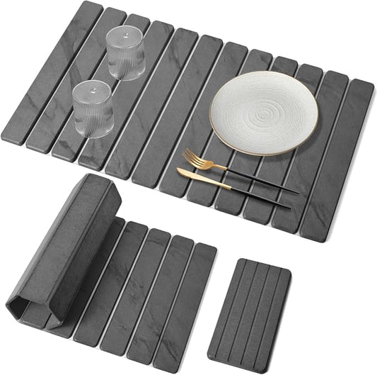 2 PCS Extra Large Stone Dish Drying Mat for Kitchen Counter, 28"×16" Marble Dish Drying Mat with 8"x 4" Coasters, Non - Slip Collapsible Absorbent Mat for Multi - Purpose, Match Any Countertop
