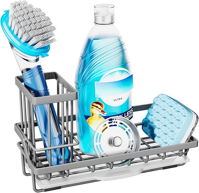 Consumest Sponge Holder for Kitchen Sink - Kitchen Sink Caddy Organizer with Removable Drip Tray for Countertop Dish Soap Dispenser Brush Storage Accessories 304 Stainless Steel, Grey